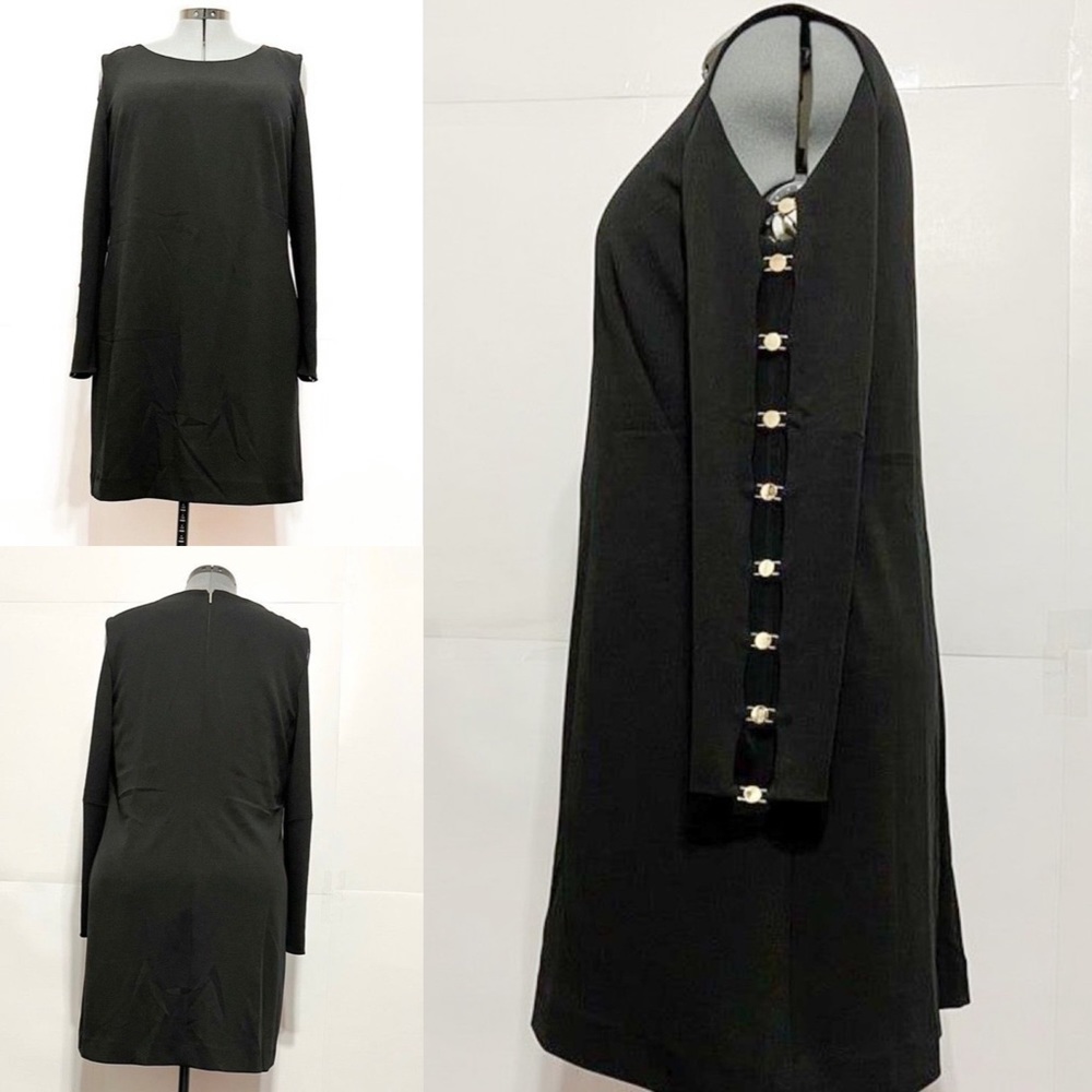 DKNY NWOT Sz 14 Black Boat Neck Embellished Long Sleeves Lined Dress